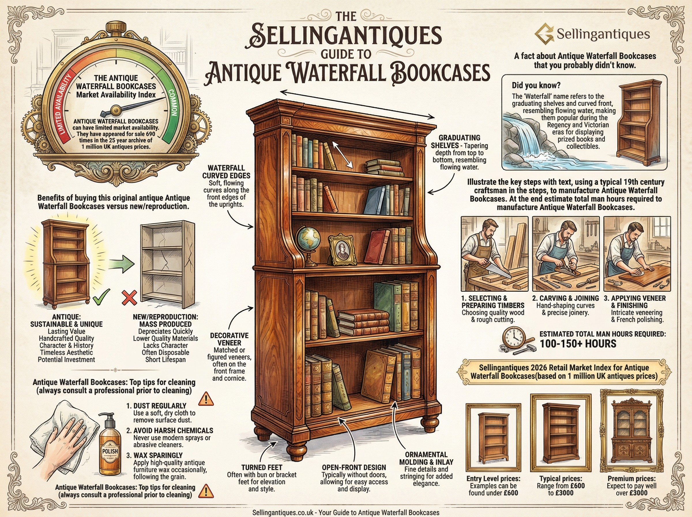 Antique Waterfall Bookcases Guide Infographic