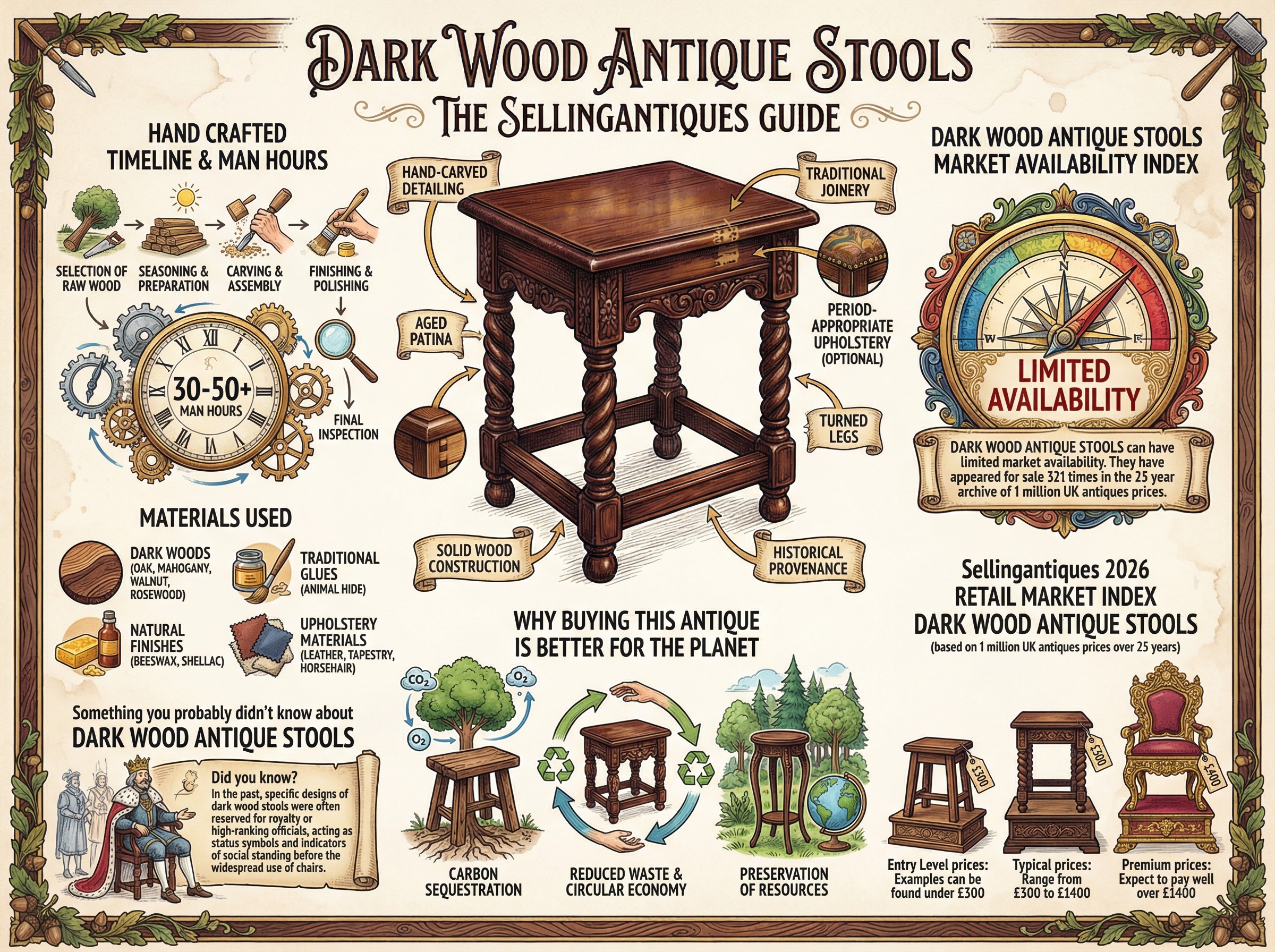 Dark Wood Antique Stools Guide Infographic