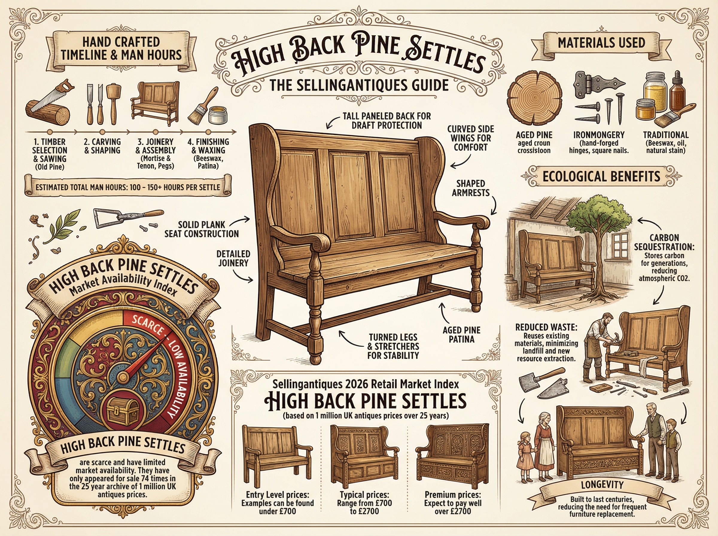 High Back Pine Settles Guide Infographic