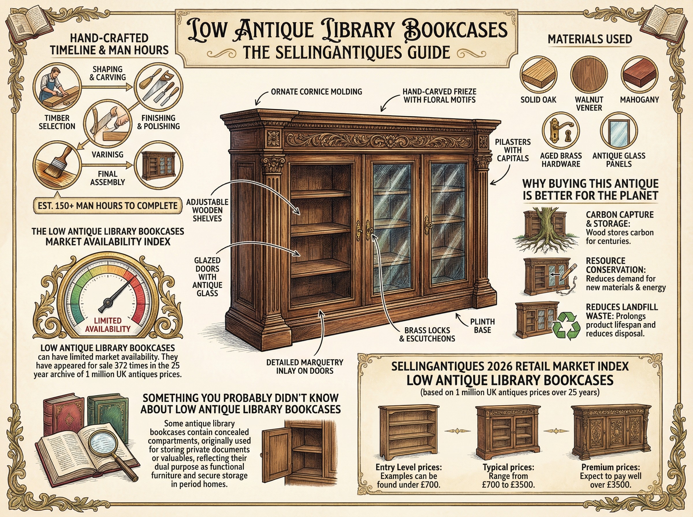 Low Antique Library Bookcases Guide Infographic