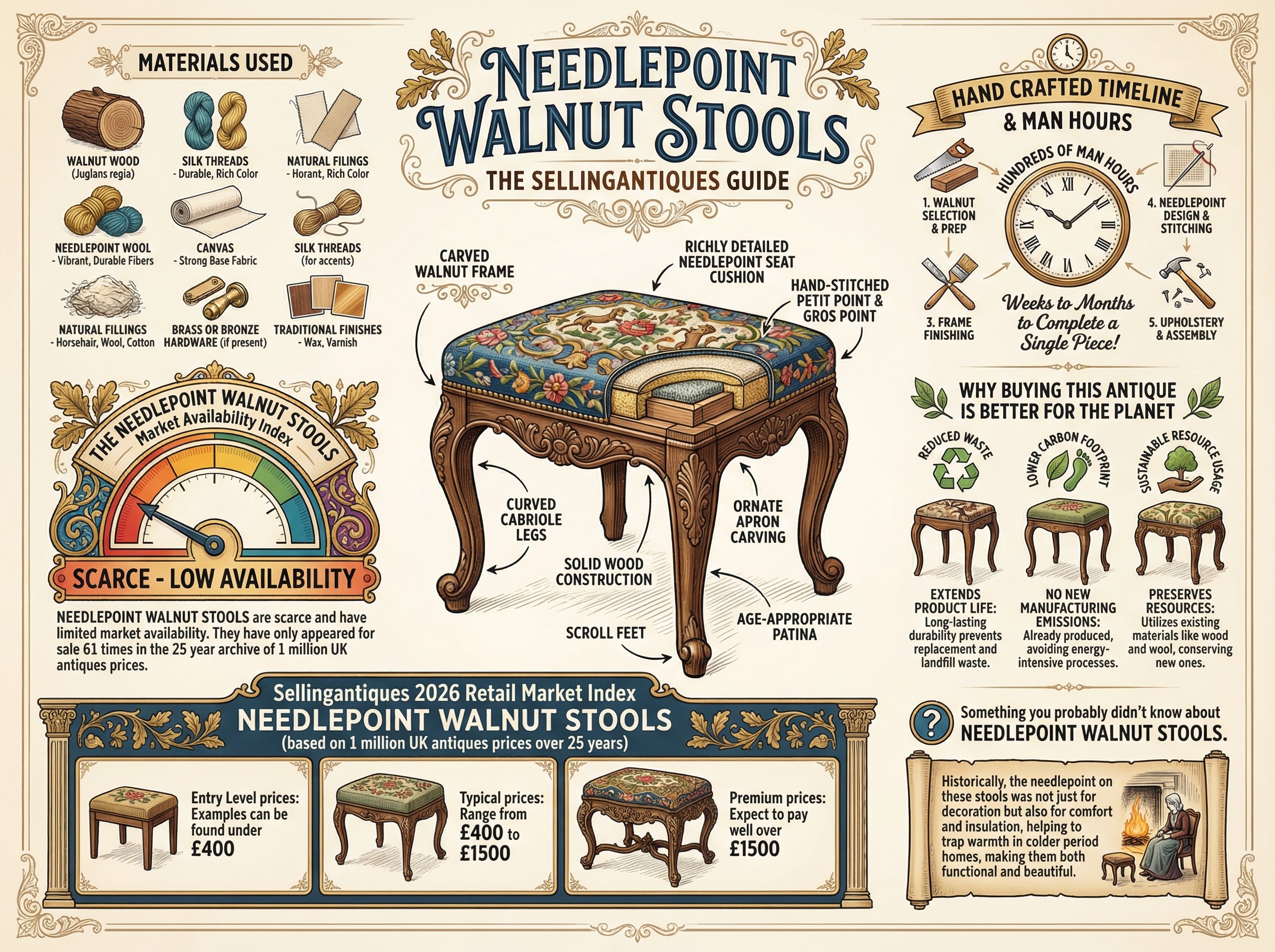 Needlepoint Walnut Stools Guide Infographic