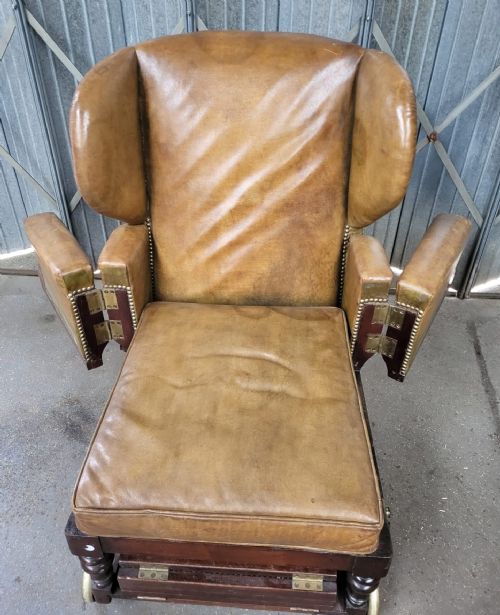 VICTORIAN METAMORPHIC WALNUT FRAMED LEATHER WING BACK RECLINING CONVALESCING CHAIR - ADDITIONAL PHOTO 4