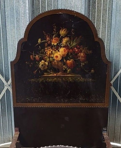 A single wooden bedstead featuring arched dark leather headboard and footboard panels decorated with hand-painted floral still life arrangements. View II