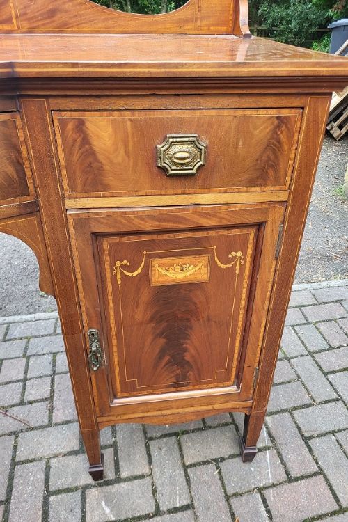 EDWARDIAN INLAID FLAME MAHOGANY BREAKFRONT SIDEBOARD - ADDITIONAL PHOTO 3