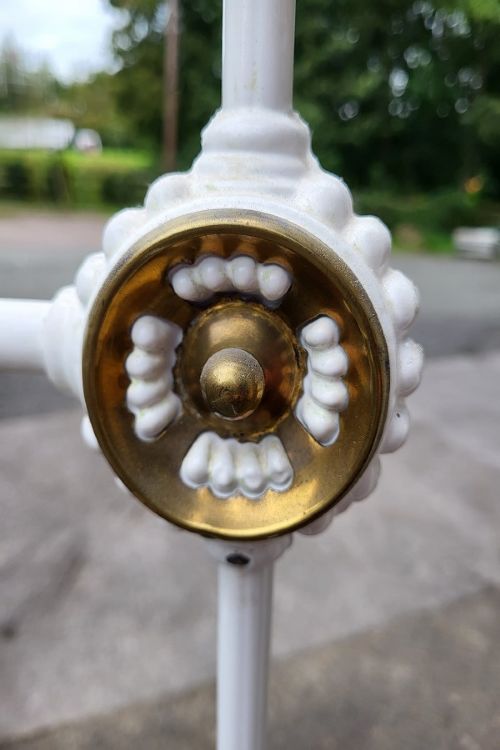 A Victorian double bedstead featuring a white-painted iron frame with vertical spindles, brass top rails, decorative brass rosettes, turned finials, and castors. View III