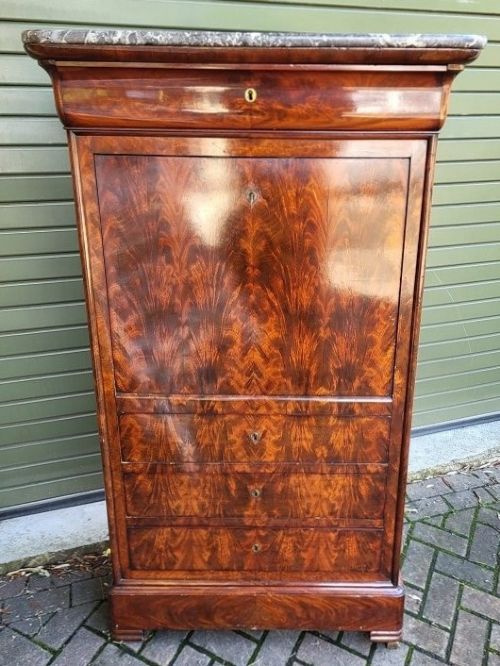 FLAME MAHOGANY MARBLE TOP SECRETAIRE ABATTANT