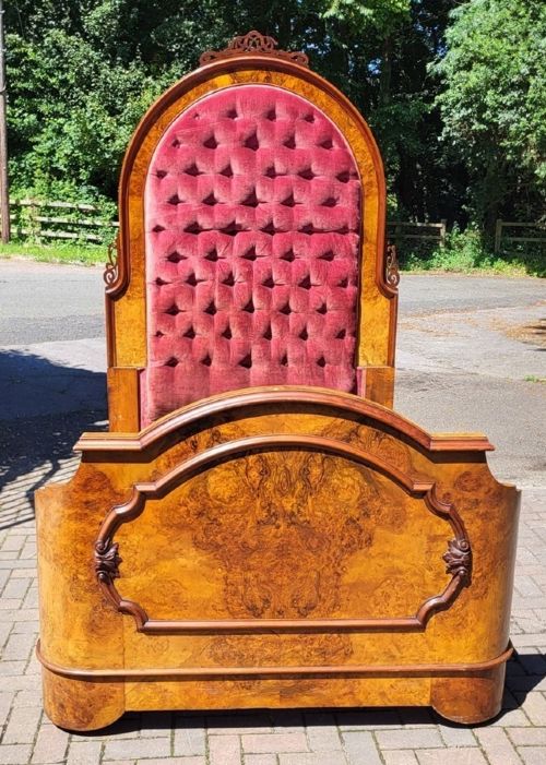 victorian double size high button back upholstered burr walnut bedstead - CATEGORY: ANTIQUE BEDS - DATED VICTORIAN