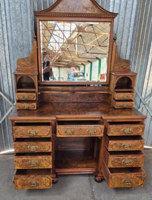 VICTORIAN BURR WALNUT PEDESTAL DRESSING TABLE - ADDITIONAL PHOTO 1