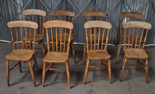 VICTORIAN SET OF EIGHT ELM AND BEECH THAMES VALLEY STICK BACK KITCHEN CHAIRS