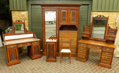 VICTORIAN CARVED BURR WALNUT BEDROOM SUITE