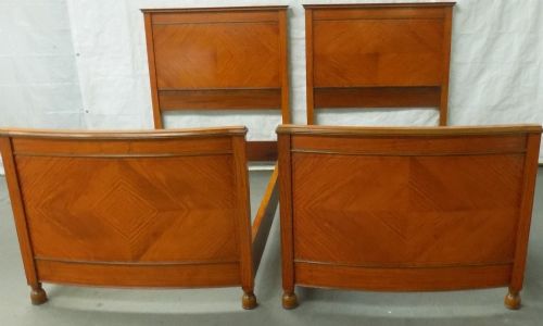 PAIR OF EDWARDIAN LARGE SINGLE SIZE BOW ENDED INLAID SATINWOOD BEDSTEADS
