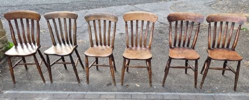 Victorian Harlequin Set of Six Elm and Ash Thames Valley Kitchen Chairs