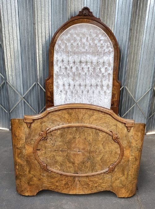 Victorian Double Size Carved Burr Walnut Framed Upholstered High Back Bedstead
