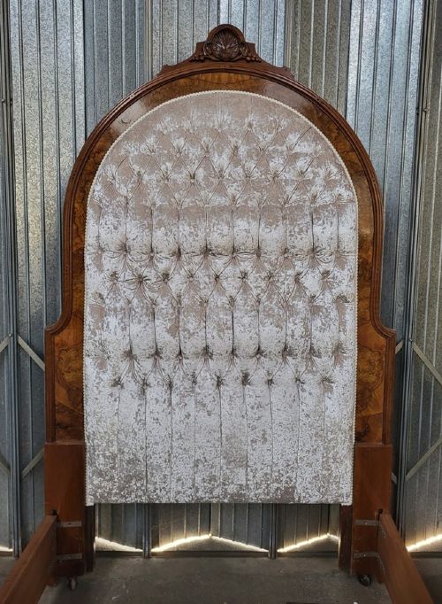 Victorian Double Size Carved Burr Walnut Framed Upholstered High Back Bedstead View II