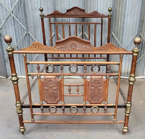 Victorian Double Size Brass and Carved Walnut Bedstead