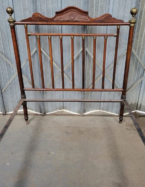 Victorian Double Size Brass and Carved Walnut Bedstead View II