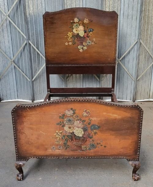 Edwardian Large Single Size Hand Painted Dutch Style Leather Bedstead