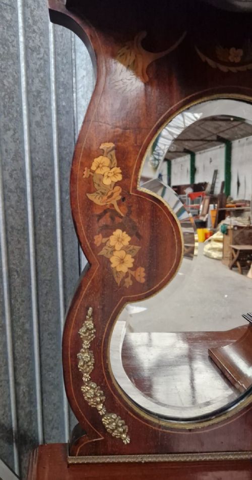 A Victorian inlaid walnut side cabinet featuring a mirror-backed upper section with a central glazed door, floral marquetry inlay, and cabriole legs. View VI