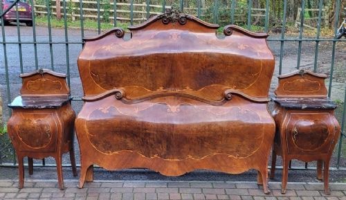 Italian Large King Size Bombe Bedstead with Pair of Marble Top Bedside Cabinets