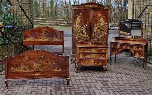 Late Edwardian Four Piece Walnut Chinoiserie Bedroom Suite