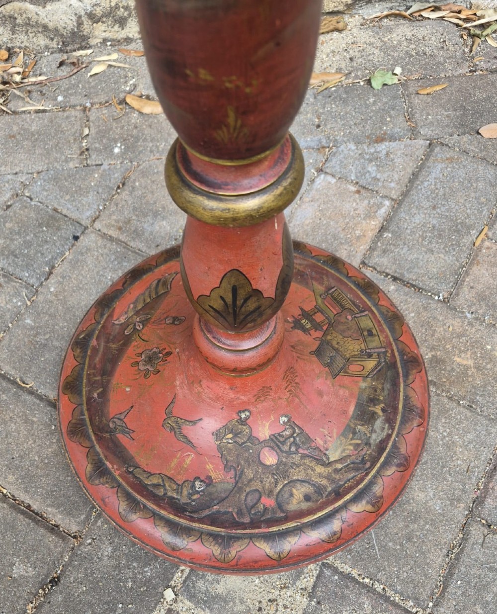 An antique Edwardian crimson standard lamp featuring hand-painted gold Chinoiserie foliage detailing and a circular base. View III