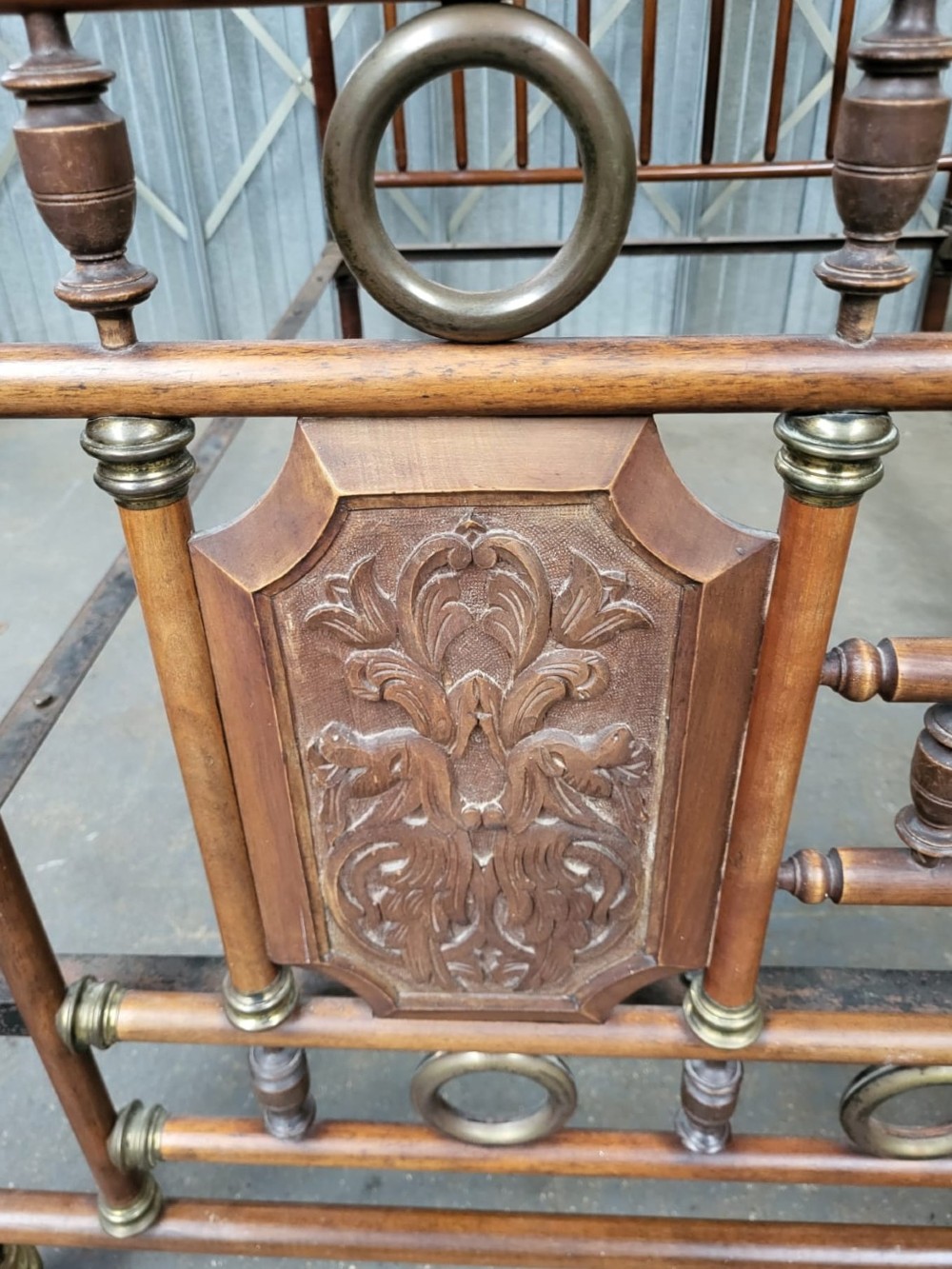 Victorian Double Size Brass and Carved Walnut Bedstead View III