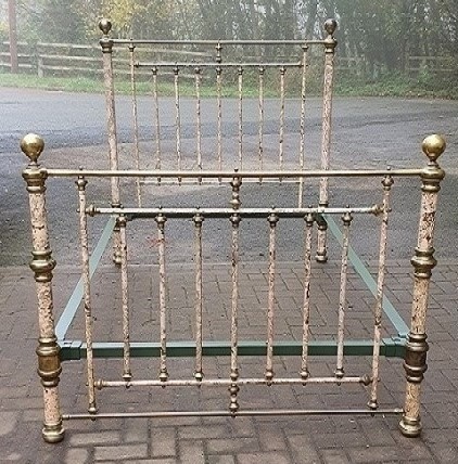 A Victorian brass and painted iron bedstead featuring turned vertical spindles, brass top rails, and spherical brass finials. View II