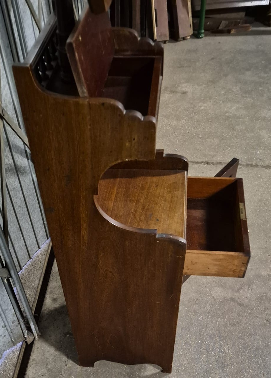 A Victorian dark mahogany shaving stand featuring an adjustable rectangular top mirror on a central column, a spindle gallery, an open recess, a single drawer, and a lower cupboard. View III