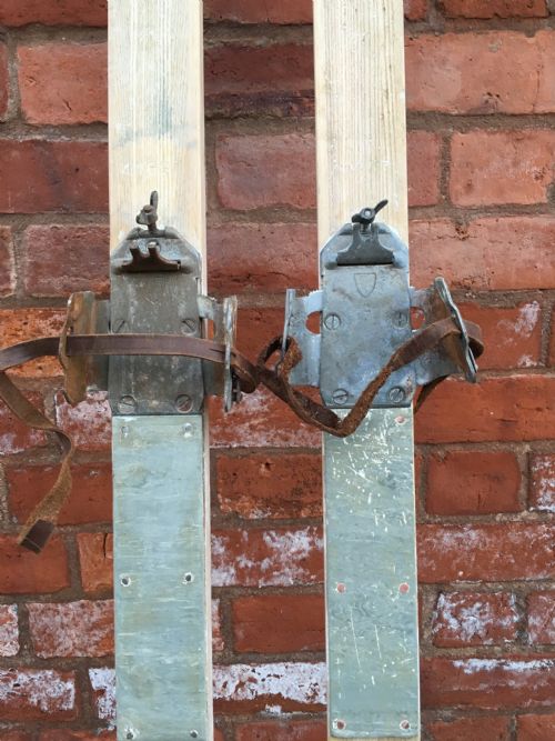 fig 3. A pair of tall light-coloured wooden skis featuring metal bindings and leather straps positioned vertically.