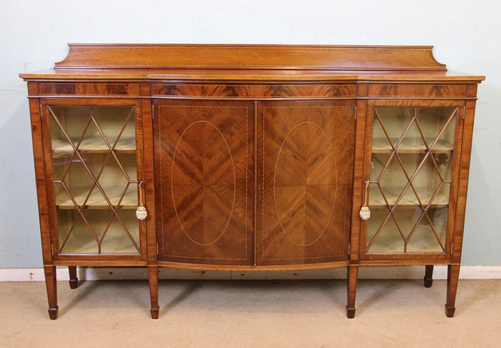 Antique Mahogany Inlaid Bow Fronted Bookcase Display Cabinet.