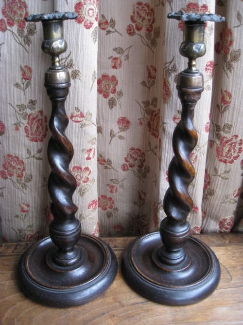 Pair of Oak Barley Twist Candlesticks