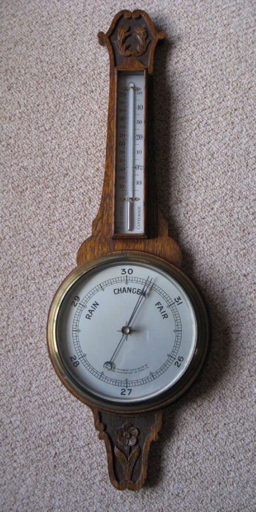Carved Oak Aneroid Barometer