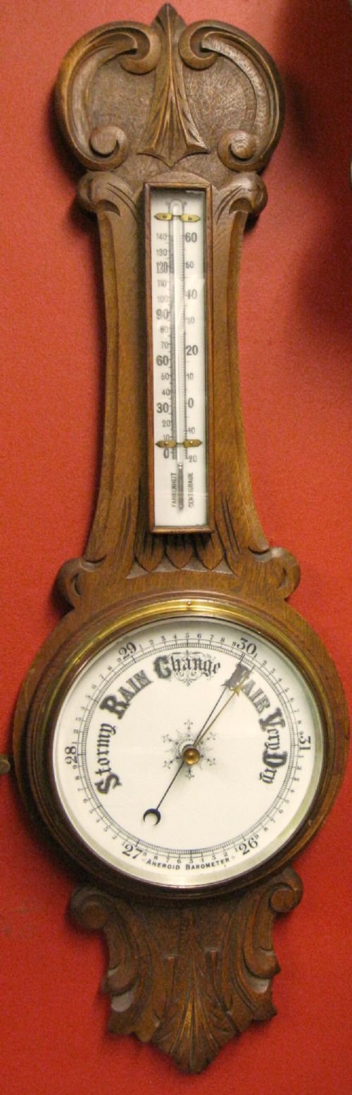 Carved Oak Aneroid Barometer