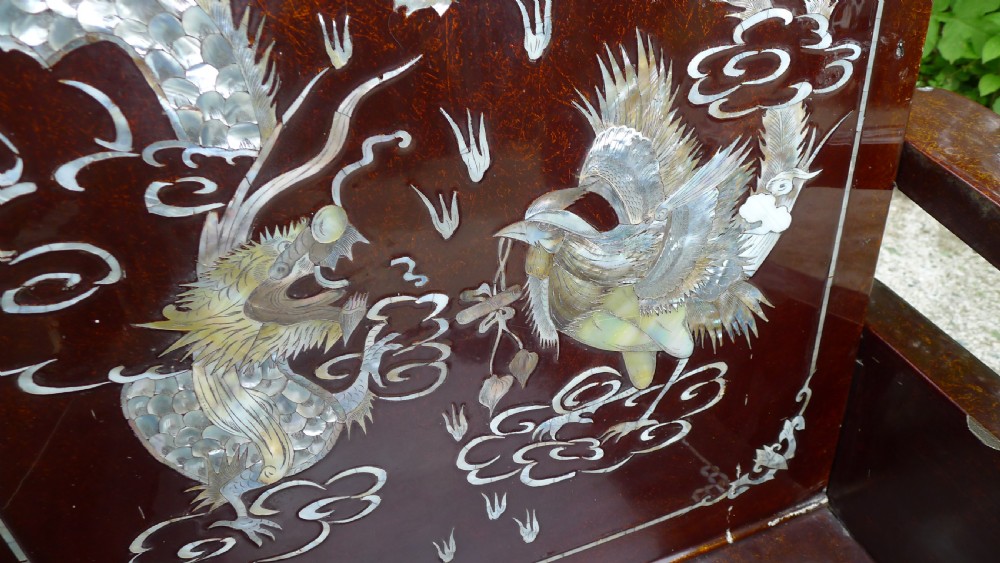 A MAGNIFICENT AND HIGHLY DECORATIVE CHINESE INLAID LACQUER CHAIR CIRCA 1890. View VIII
