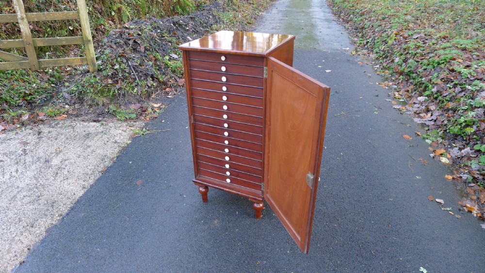 A nineteenth-century mahogany collectors cabinet featuring an open panelled door revealing multiple shallow drawers with light-coloured knob handles. View V