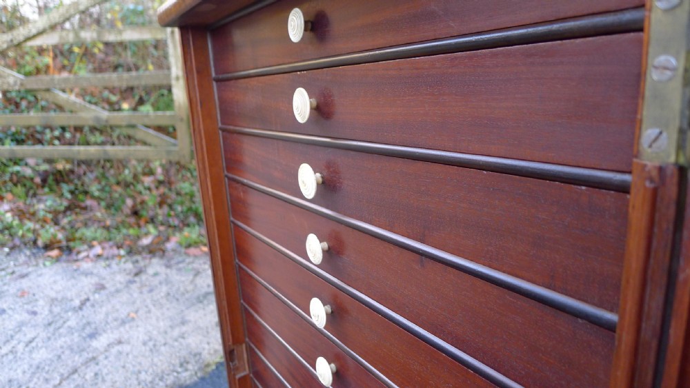 A nineteenth-century mahogany collectors cabinet featuring an open panelled door revealing multiple shallow drawers with light-coloured knob handles. View VII
