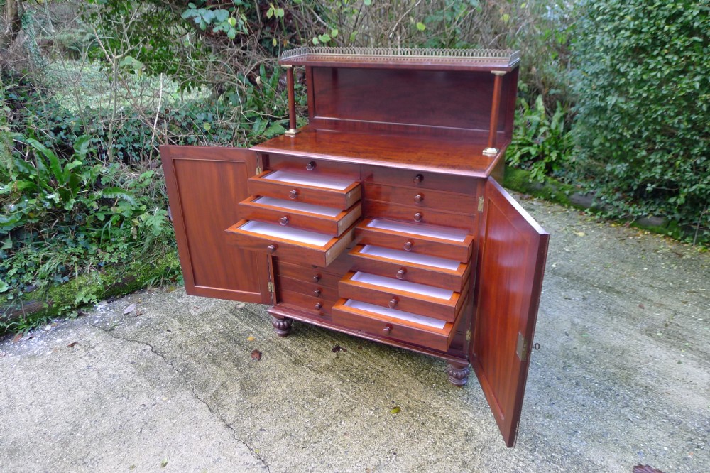 Victorian flame mahogany collectors cabinet featuring an upper shelf with a brass gallery and double doors opening to reveal multiple shallow drawers. View XI