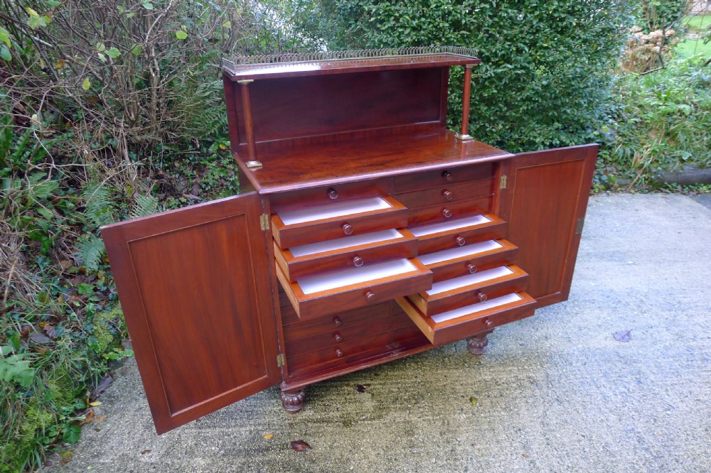 Victorian flame mahogany collectors cabinet featuring an upper shelf with a brass gallery and double doors opening to reveal multiple shallow drawers. View XII