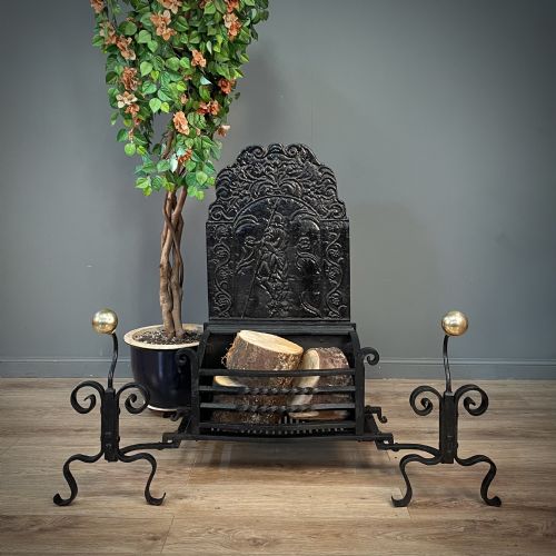 Attractive Antique Large Cast & Wrought Iron Fire Basket with Back