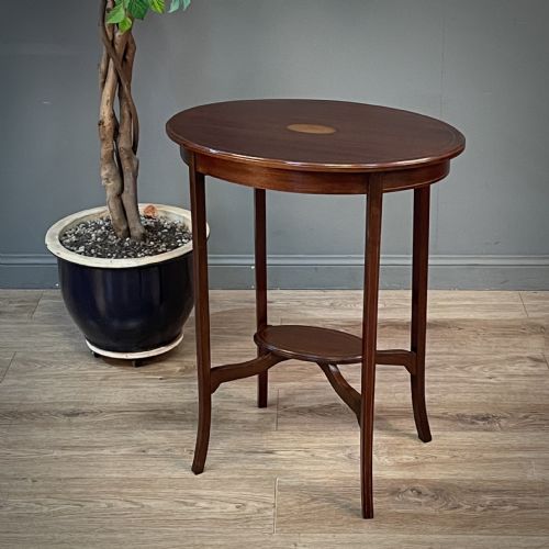 Attractive Edwardian Oval Inlaid Mahogany Two Tier Side Table