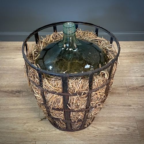 ATTRACTIVE LARGE ANTIQUE FRENCH DEMIJOHN CARBOY BOTTLE IN ORIGINAL IRON BASKET - ADDITIONAL PHOTO 1