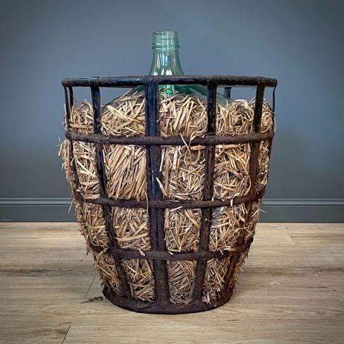 ATTRACTIVE LARGE ANTIQUE FRENCH DEMIJOHN CARBOY BOTTLE IN ORIGINAL IRON BASKET - ADDITIONAL PHOTO 2