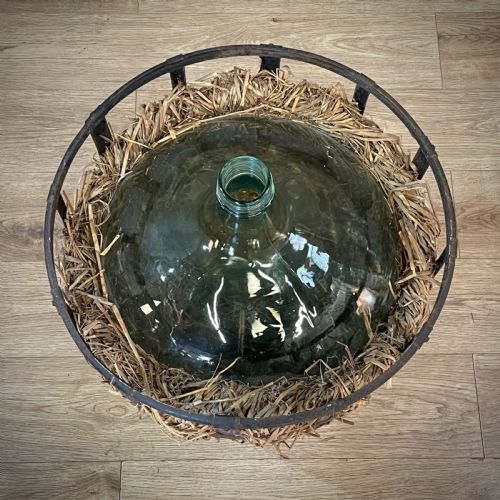 ATTRACTIVE LARGE ANTIQUE FRENCH DEMIJOHN CARBOY BOTTLE IN ORIGINAL IRON BASKET - ADDITIONAL PHOTO 4