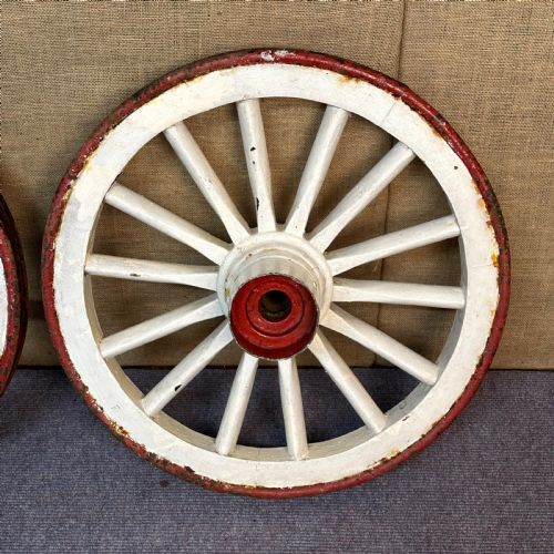 ATTRACTIVE LARGE PAIR OF ANTIQUE CAST IRON AND WOODEN VICTORIAN CART WHEELS - ADDITIONAL PHOTO 1
