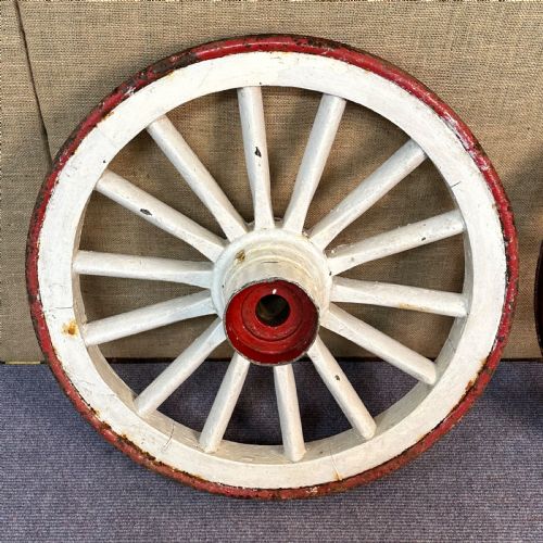 ATTRACTIVE LARGE PAIR OF ANTIQUE CAST IRON AND WOODEN VICTORIAN CART WHEELS - ADDITIONAL PHOTO 2