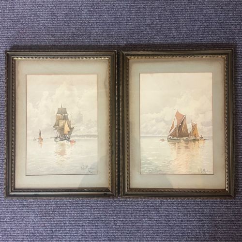 Antique Pair of Elle Martino Framed Prints Depicting Sailing Boats on Thames and Gravesend