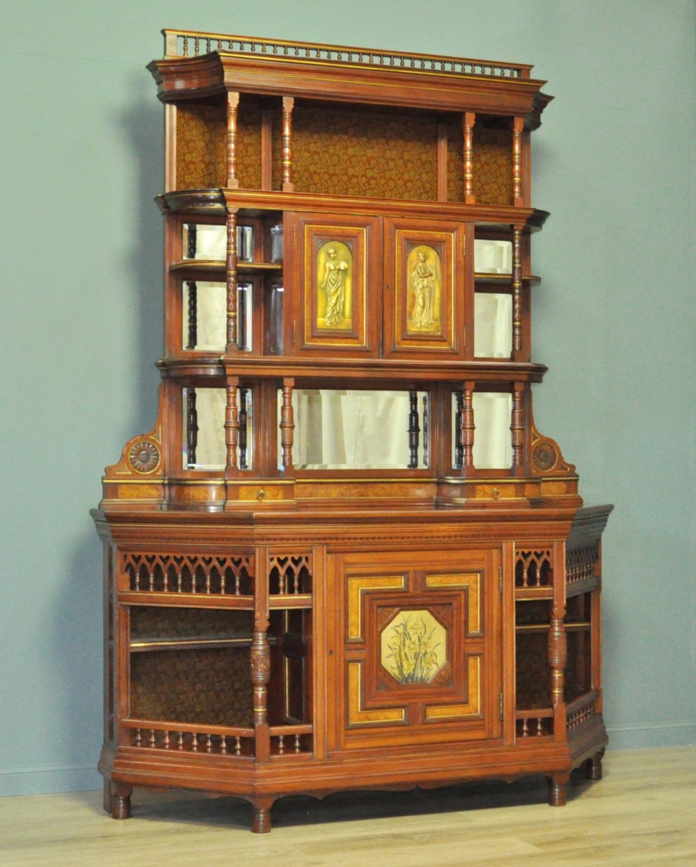 Large Antique Walnut Aesthetic Sideboard Dresser, Manner of Lambs of Manchester