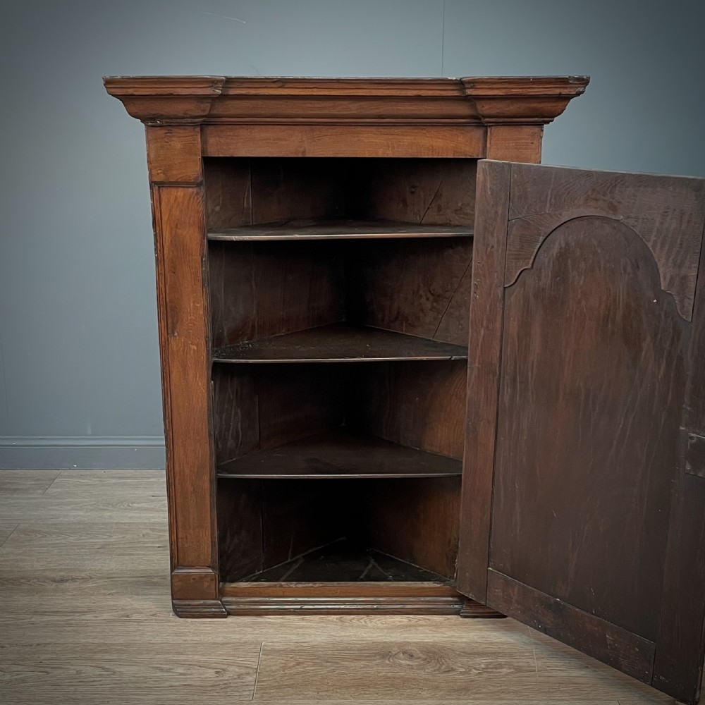 An antique Georgian oak hanging corner cabinet featuring an arched panel door, moulded top cornice, and brass fittings. View III