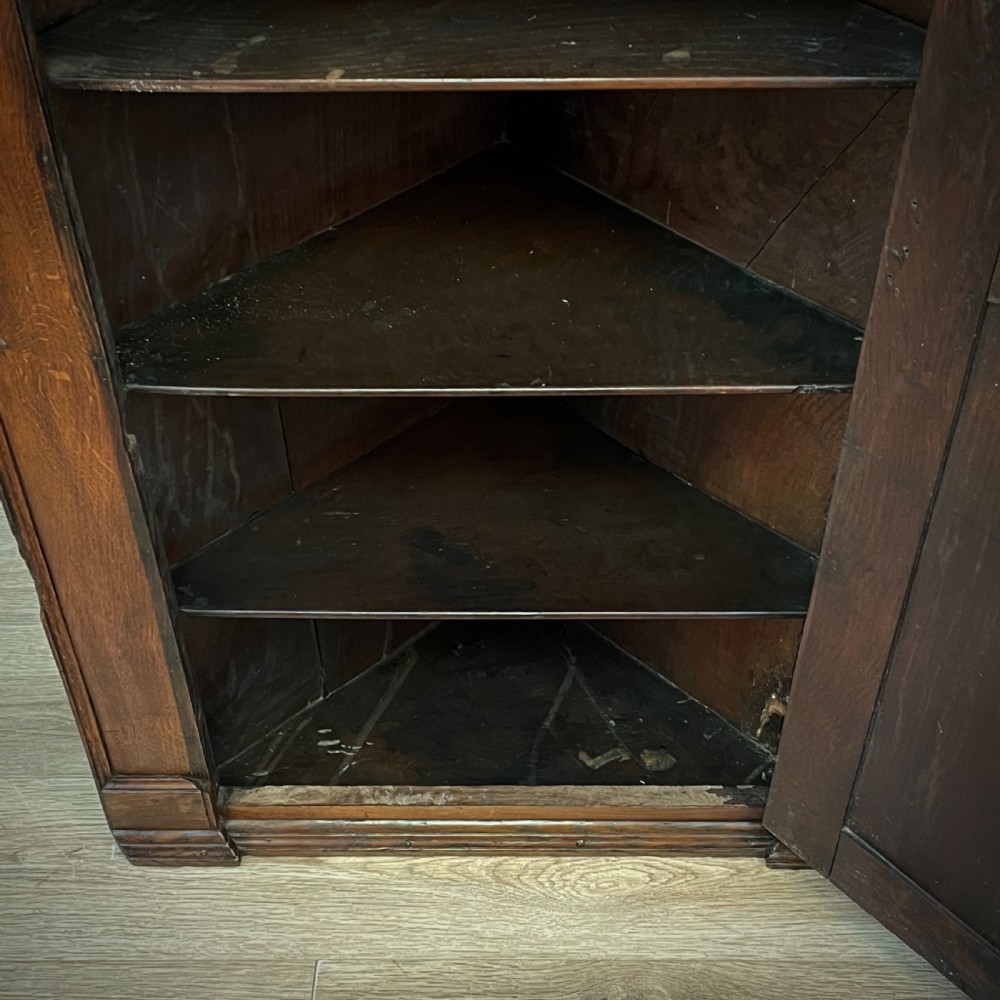 An antique Georgian oak hanging corner cabinet featuring an arched panel door, moulded top cornice, and brass fittings. View IV