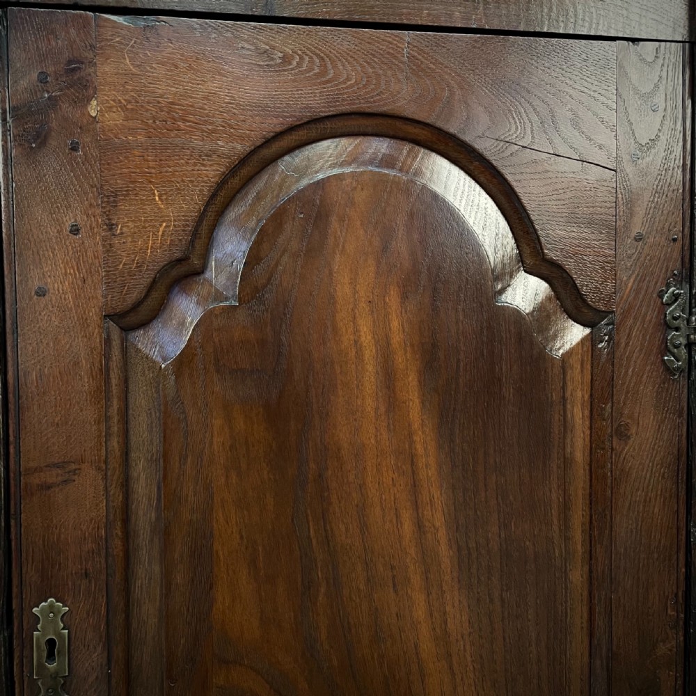 An antique Georgian oak hanging corner cabinet featuring an arched panel door, moulded top cornice, and brass fittings. View IX